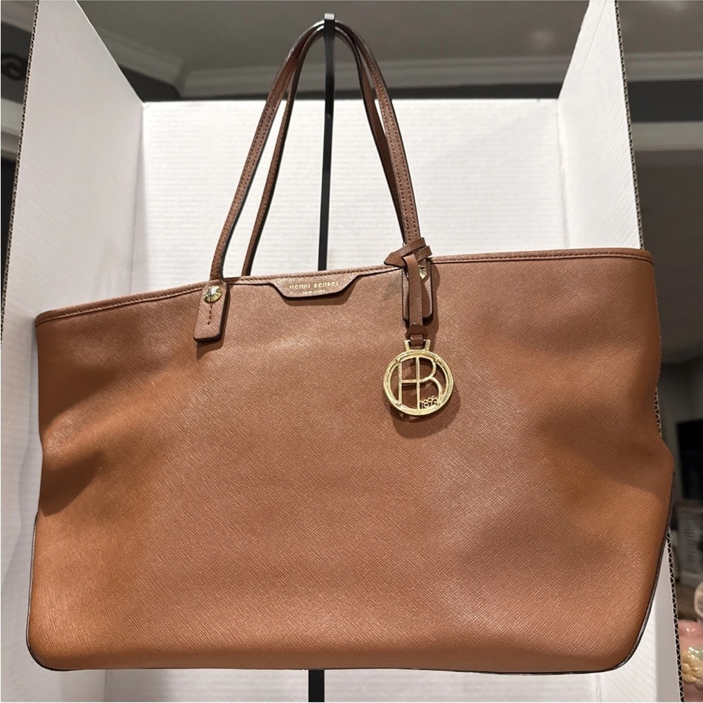 Henri Bendel large Tan Saffiano Leather Tote bag with Gold Charm